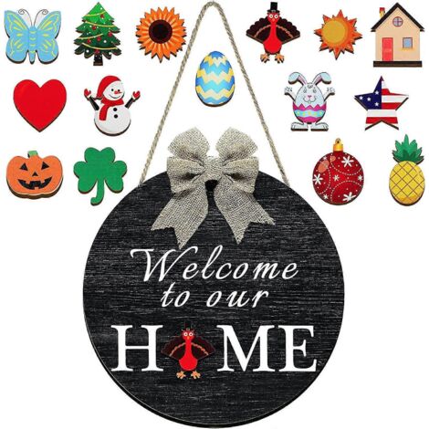 Panneau de bienvenue saisonnier interchangeable, décoration de porte d'entrée, bois rustique, panneau mural « Bienvenue chez nous »