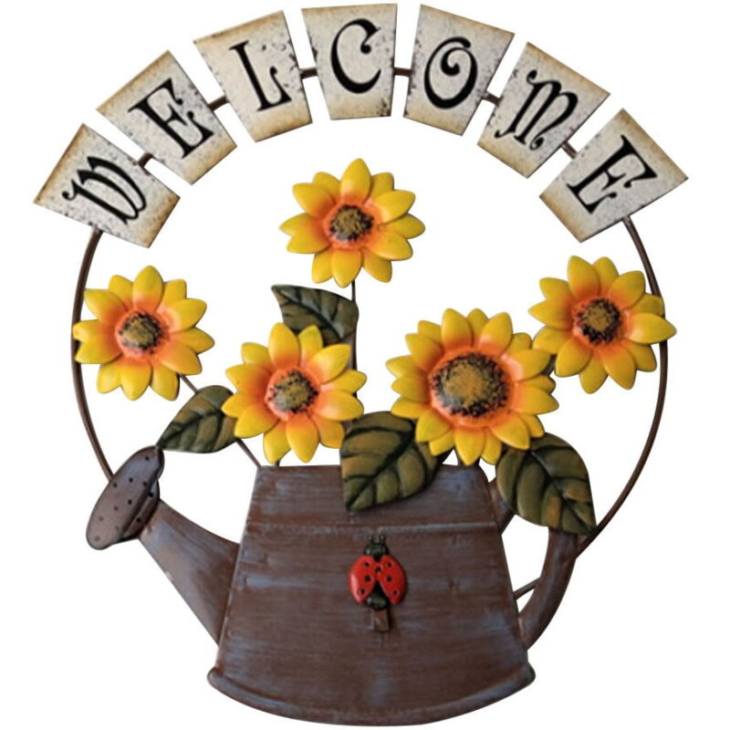 Panneau de bienvenue sur le thème du jardin avec motif tournesol - Design vintage en métal avec arrosoir de tournesol - Panneau de porte de bienvenue