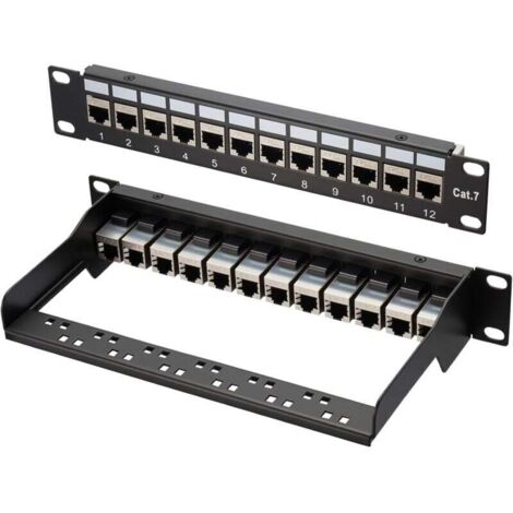 Panneau de brassage LAN Switch 12 ports Cat 7 10" Panneau de distribution blindé Montage en rack Montage serveur pour commutateur réseau Gigabit Bureau et montage mural Blindé