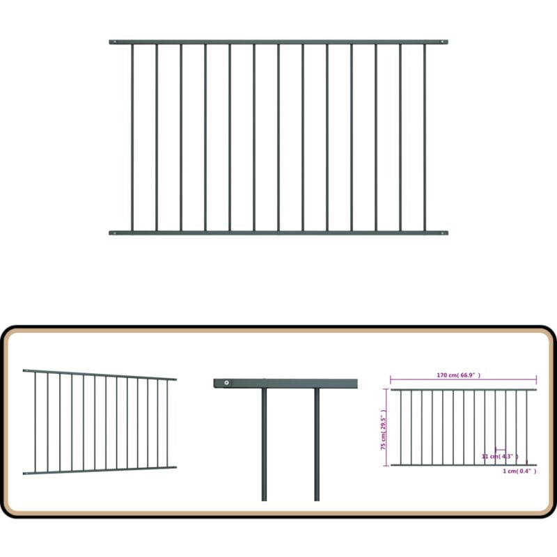 Panneau de clôture Acier enduit de poudre 1,7x0,75 m Anthracite - Clôture Jardin - Panneaux De Clôture - Clôture D'extérieur - Clôture En Métal
