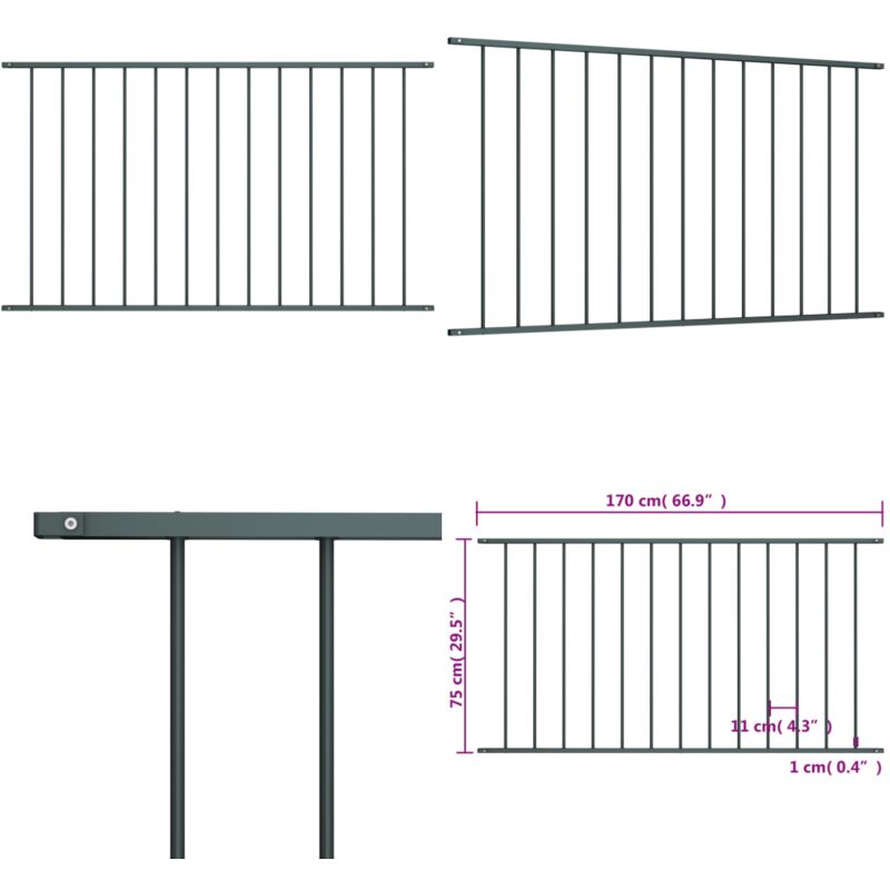 Panneau de clôture Acier enduit de poudre 1,7x0,75 m Anthracite - Clôture Jardin - Panneaux De Clôture - Clôture D'extérieur - Clôture En Métal