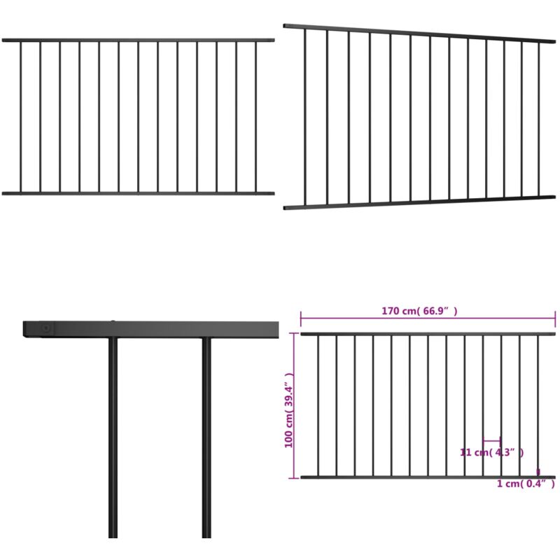 Vidaxl - Panneau de clôture Acier enduit de poudre 1,7x1 m Noir - Clôture Jardin - Panneaux De Clôture - Clôture Acier - Clôture Noire - Clôture