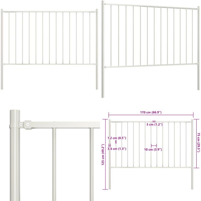 Panneau de clôture poteau Acier enduit poudre 1,7x0,75 m Blanc - Clôture Jardin - Panneaux De Clôture - Clôture Blanche - Clôture Acier - Clôture