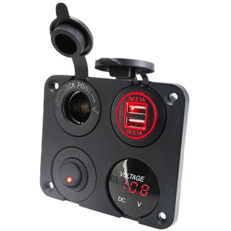 Panneau de commande double USB 4 en 1 pour voiture, adaptateur allume-cigare 12 V avec voltmètre LED et interrupteur marche/arrêt, compatible avec voiture, bateau, camping-car, camion, GPS et téléphon