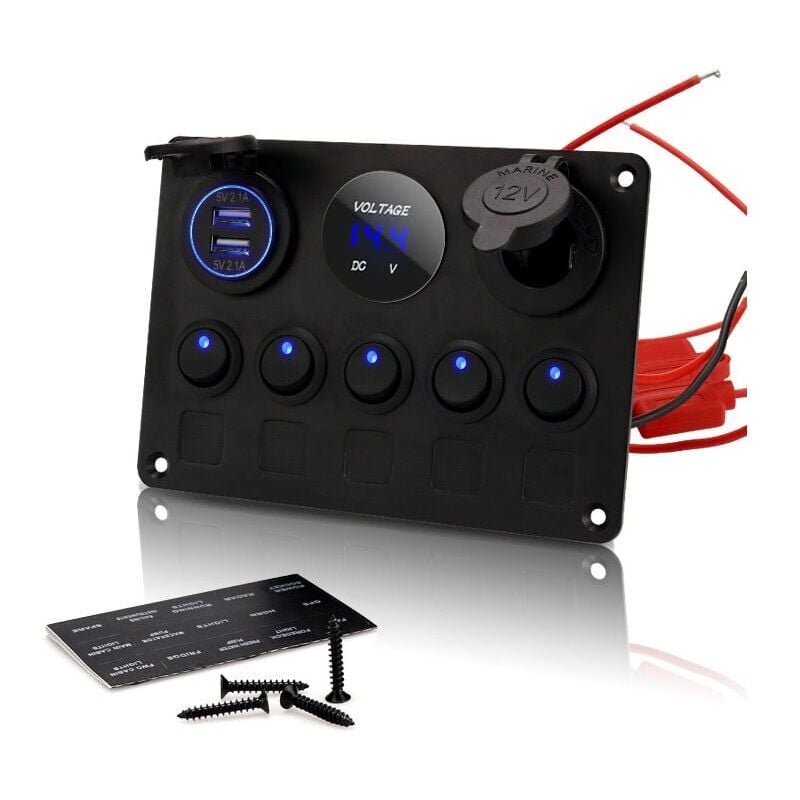 Panneau de Commutateur à Bascule à 5 Gangs - Interrupteur à Bascule Étanche - Double usb dc 12V/24V - Pour Bateau, Voiture, Camion, Remorque, Marine,