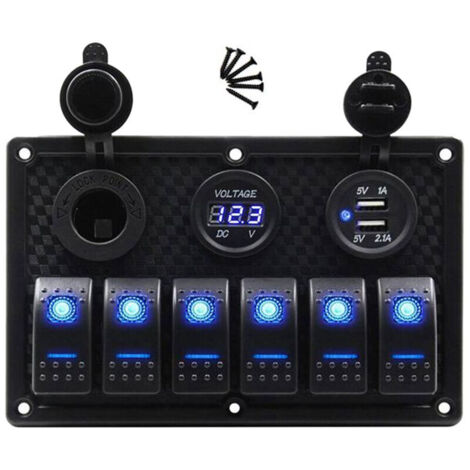 Panneau de Commutation 12/24V 6 Boutons avec Testeur de VoltmèTre NuméRique 3.0 Chargeurs USB Adaptateur Secteur Bule Light Boat