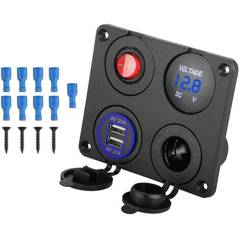 Panneau de commutation en aluminium pour chargeur USB double, voltmètre à LED, prise 12 V + interrupteur marche/arrêt, bande de boutons à 4 trous pour voiture, bateau, camion, moto, camping-car, VTT