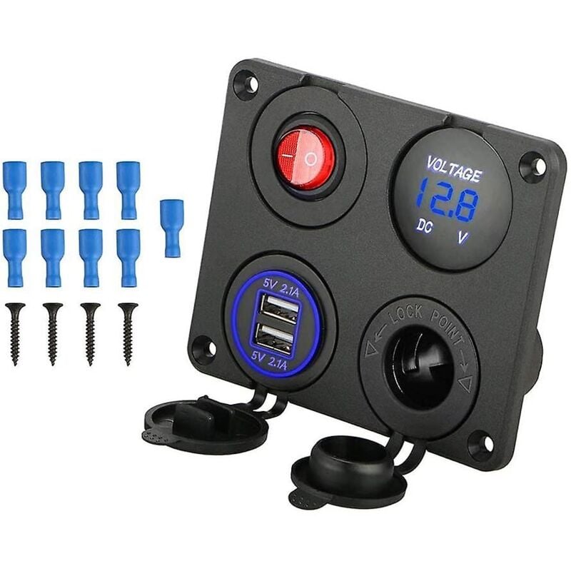 Fei Yu - Panneau de commutation en aluminium pour chargeur usb double, voltmètre à led, prise 12 v + interrupteur marche/arrêt, bande de boutons à 4