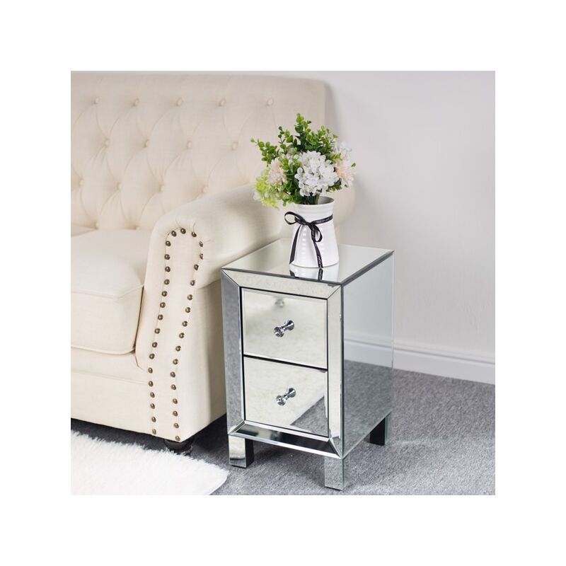 Panneau de densité argenté avec surface miroir, quatre pieds avec plans concaves, deux tiroirs, table de chevet