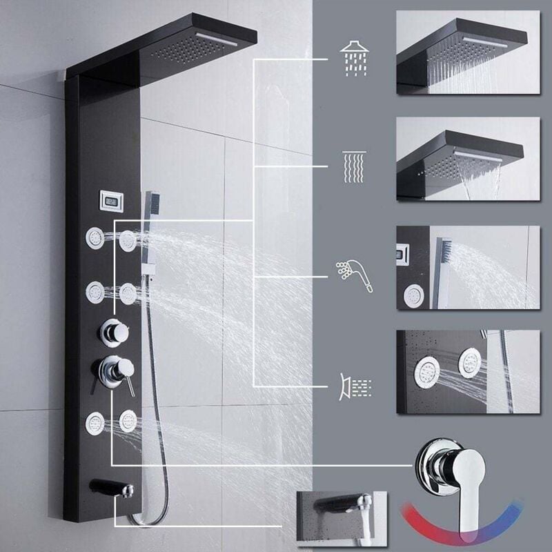 Panneau de douche avec 7 fonctions, avec robinet, 6 jets de massage, douche à effet pluie, affichage de la température, colonne de douche, système de