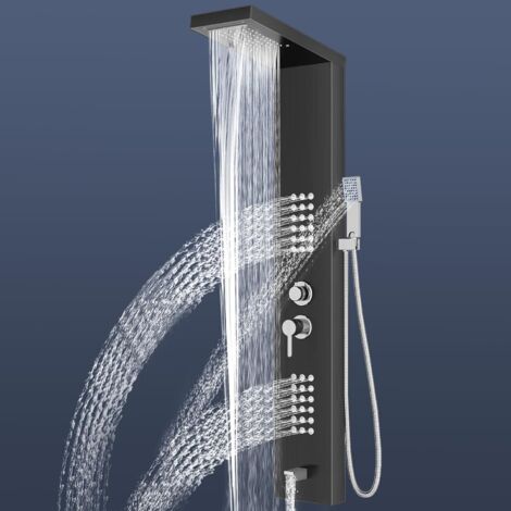Panneau de douche avec robinet,5 Fonctions Noir Panneau Colonne Douche Pluie, Jets de Massage, Douchette, Bec de Baignoire et, Acier inox 304, Brossée