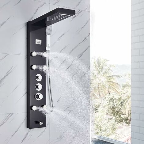 Panneau de douche avec thermostat en acier inoxydable 5 fonctions Système de douche pluie Robinets de douche extérieur Noir