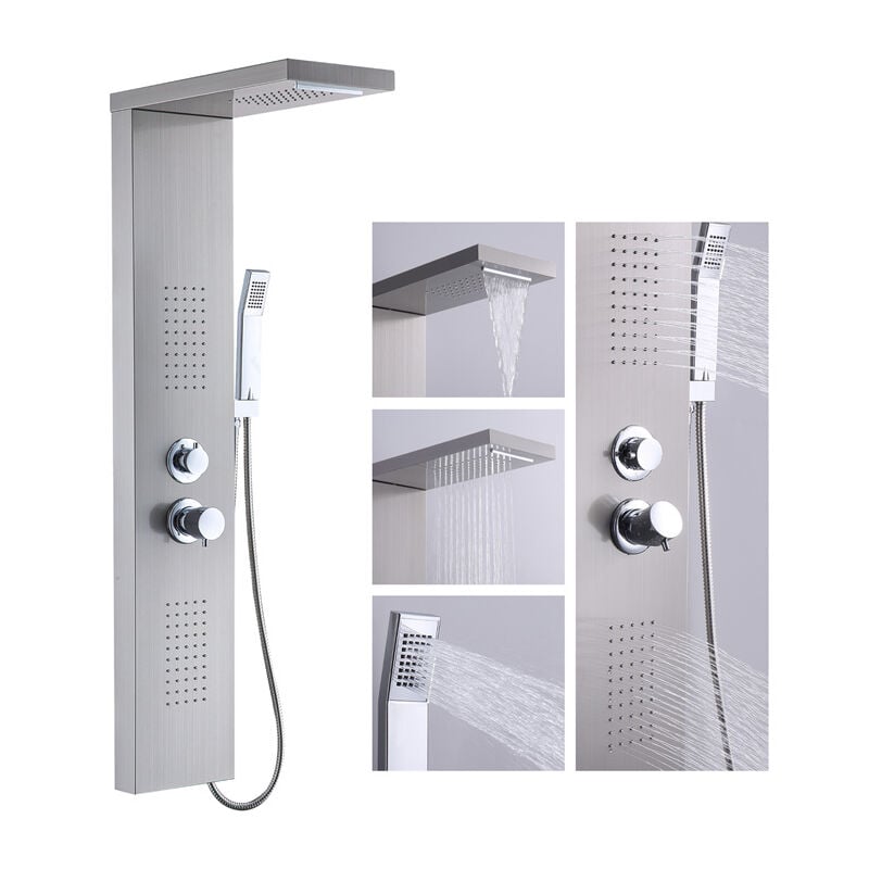 Panneau de Douche Colonne de Douche Hydromassante Quatre Fonctions de Sortie D'eau Panneau en Acier Inoxydable Brossé Mural