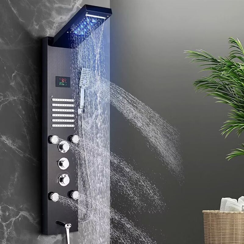 Douche Pluie Plusieurs Sorties D'Eau Ensemble De Douche Noir avec Éclairage led, Colonne de Douche Hydromassante avec Mitigeur et Buses Massants,
