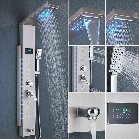 Panneau de douche mural colonne de douche avec buse cascade, affichage numérique de la température de massage par pulvérisation arrière à lumière LED