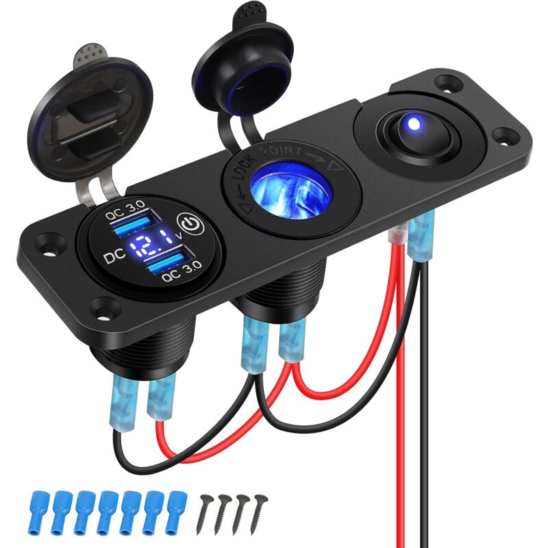 Panneau de Prise de Chargeur de Voiture 12V QC3.0 usb avec Prise d'allume Cigarette Voltmètre à led et Interrupteur à Bascule pour 12V/24V Bateau suv