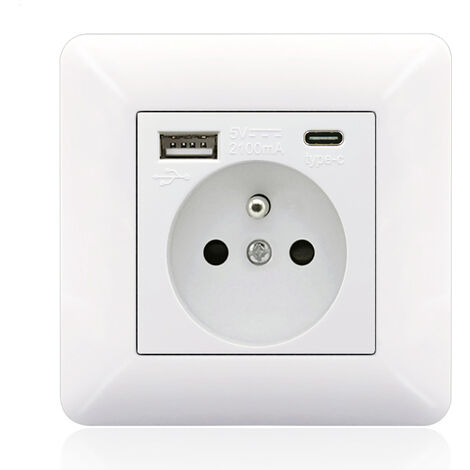 Panneau de prises françaises Type-c+USB16A Type 86, nombre de prises : 2 trous, nombre de ports USB : 1, nombre de ports type-c : 1, sûr et ferme(arc blanc)