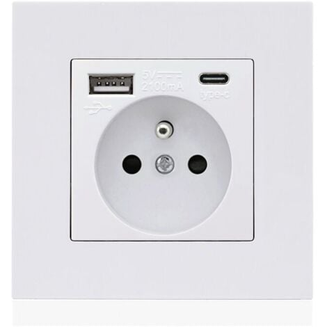 Panneau de prises françaises Type-c+USB16A Type 86, nombre de prises : 2 trous, nombre de ports USB : 1, nombre de ports type-c : 1, sûr et ferme(carré blanc)