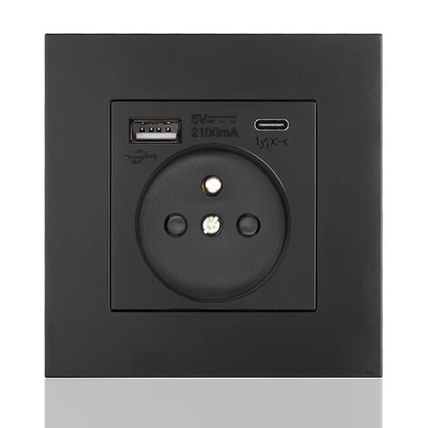 Panneau de prises françaises Type-c+USB16A Type 86, nombre de prises : 2 trous, nombre de ports USB : 1, nombre de ports type-c : 1, sûr et ferme(carré noir)
