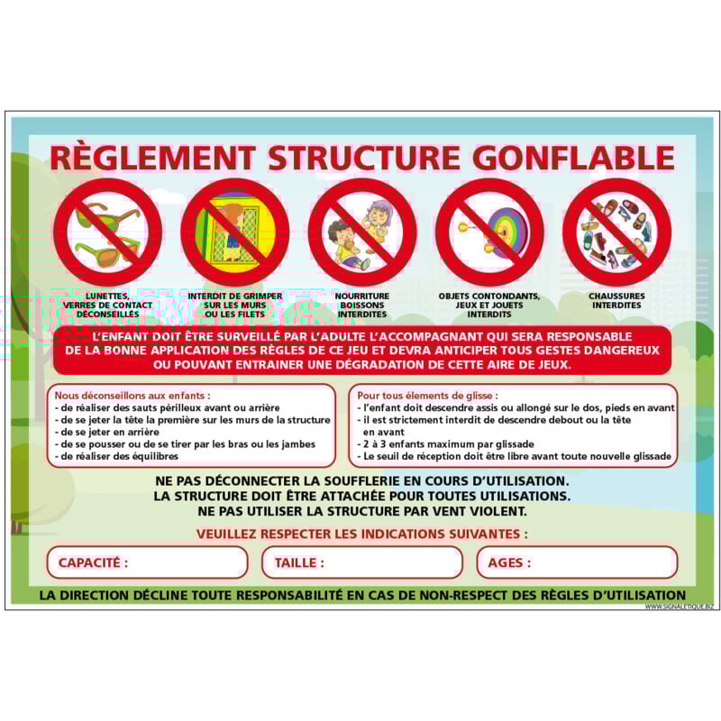 Panneau de reglementation de structure gonflable personnalisable (H0514-PERSO) - Plastique pvc 1,5 mm - 630 x 450 mm