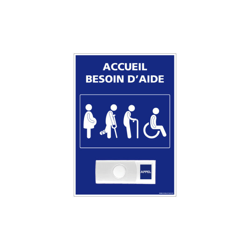 Panneau de signalisation accueil besoin d'aide + Sonnette intégrée (G1167) - Plastique pvc 1,5 mm - 150 x 210 mm
