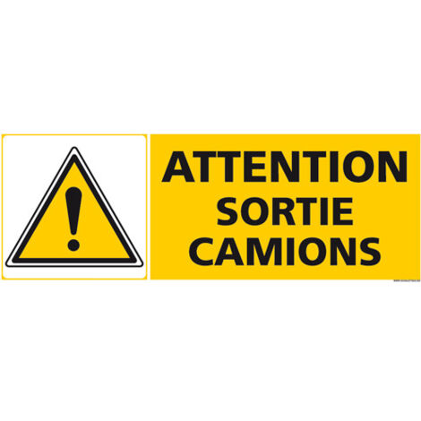 PANNEAU DE SIGNALISATION - ATTENTION SORTIE CAMIONS (C1293) - Adhésif - 210 x 75 mm