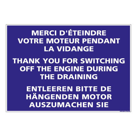 PANNEAU DE SIGNALISATION CAMPING ETEINDRE VOTRE MOTEUR (H0221) Français-Anglais-Allemand - Plastique PVC 1,5 mm - 420 x 300 mm