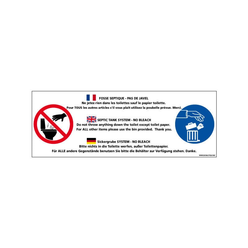 Panneau de signalisation fosse septique - pas de javel (H0237) - Aluminium 2 mm - 700 x 250 mm