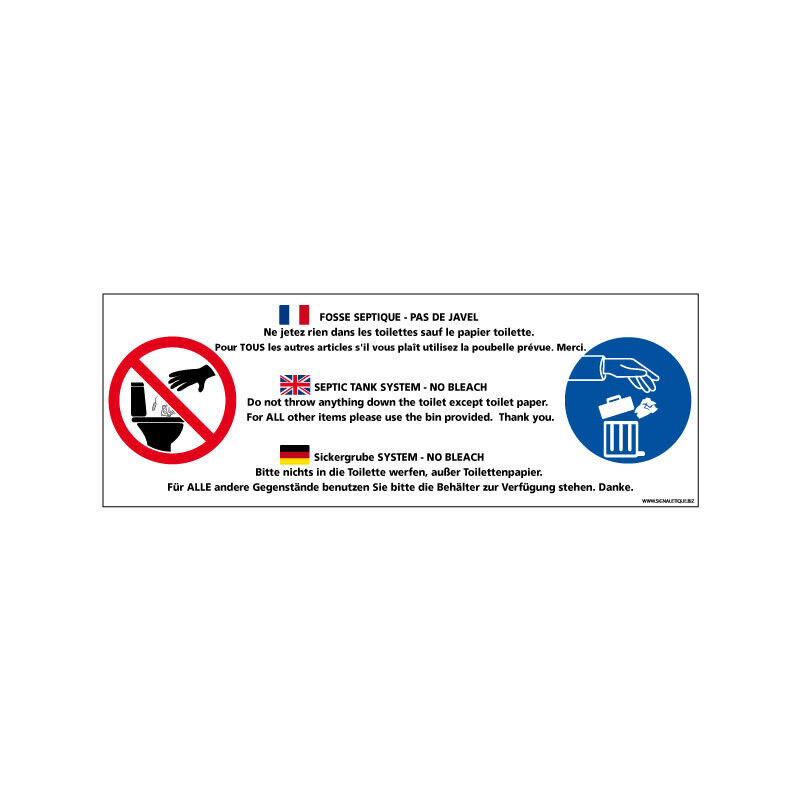 Panneau de signalisation fosse septique - pas de javel (H0237) - Plastique pvc 1,5 mm - 700 x 250 mm
