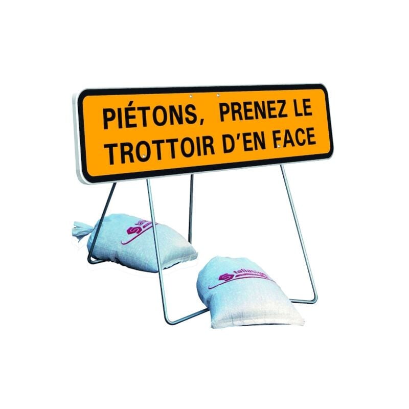 Panneau de signalisation jh T1 - 1000 x 300 mm Piétons. prenez le trottoir d'en face avec Pied Fixe et articulé Taliaplast