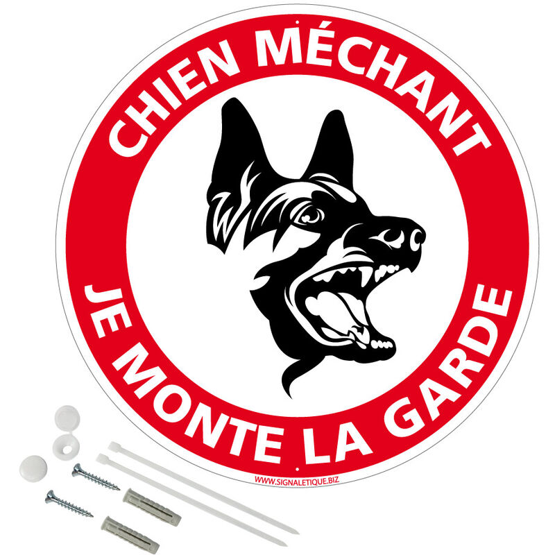 Panneau de signalisation rétro réfléchissant rond prépercé PVC ou ALU diam 250mm ou 300mm + Kit de fixation pour pose facile, rapide - Chien méchant