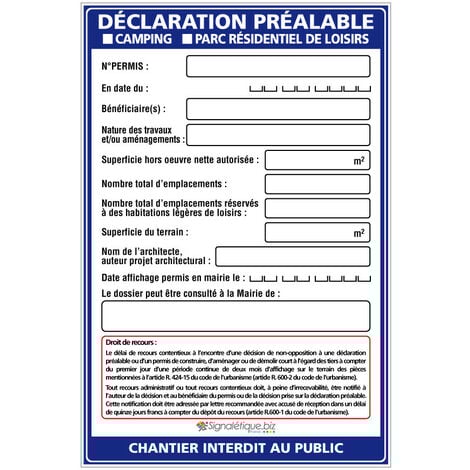 Panneau Déclaration préalable Camping et Parc Résidentiel + Marqueur noir (W1035). Sans oeillets .  - Sans oeillets