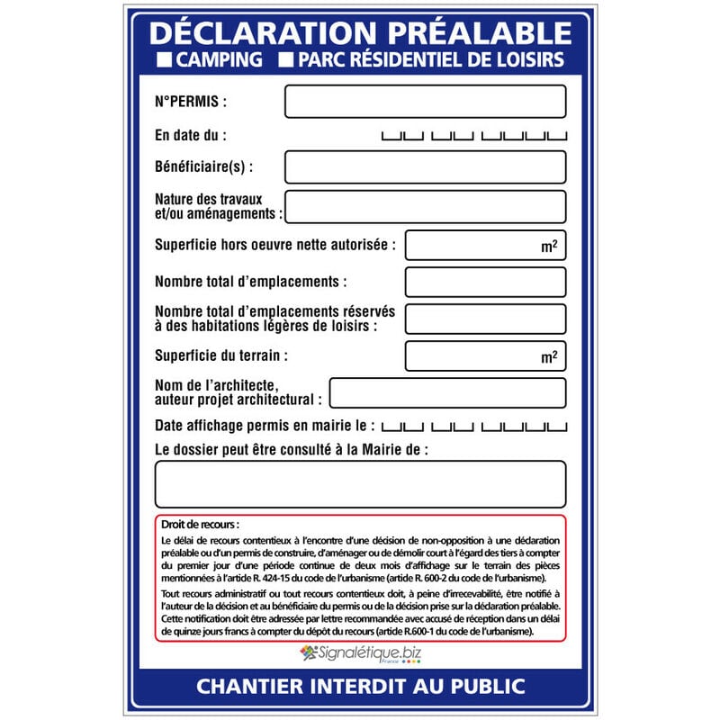 Panneau Déclaration préalable Camping et Parc Résidentiel + Marqueur noir (W1035). Avec oeillets . - Avec oeillets