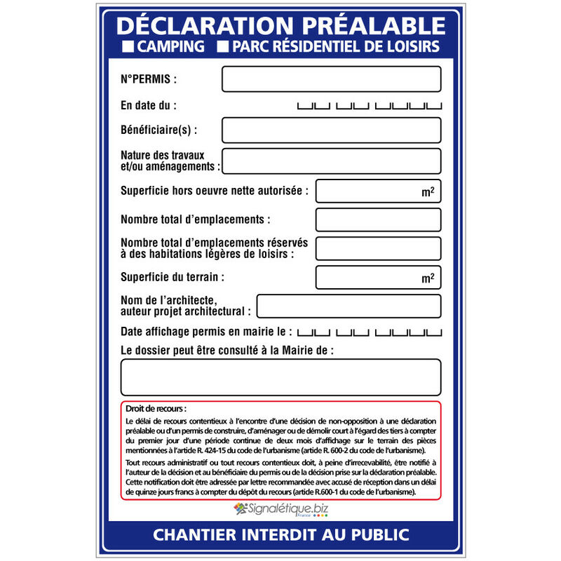 Panneau Déclaration préalable Camping et Parc Résidentiel + Marqueur noir (W1035). Sans oeillets . - Sans oeillets