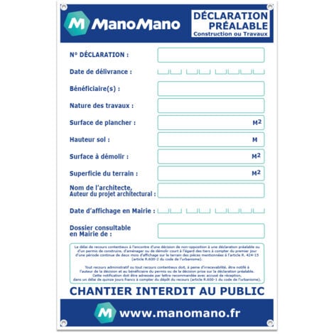 SIGNALETIQUE.BIZ FRANCE Panneau Déclaration Préalable de Construction ou Travaux ManoMano – Avec œillets + marqueur noir