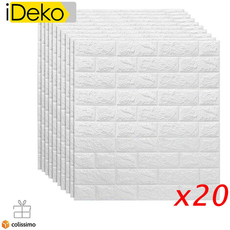 Papier peint 3D autocollant blanc – Simulation briques de pierre – Dimensions 0,77m x 0,70m – Mousse PE pour décoration intérieure – Ideko