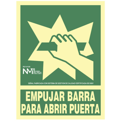 Panneau D'evacuation ''empujar Barra Para Abrir Puerta'' Classe B (pvc 0.7mm) 22.4x30cm