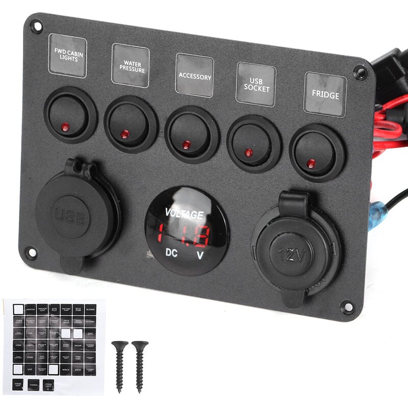 Jeffergarden Panneau d'interrupteur à bascule, voltmètre numérique universel en alliage d'aluminium pour caravane pour yacht pour véhicule 12 V et 24