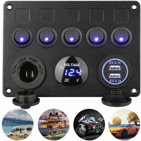 Panneau d'interrupteurs à bascule à 5 voies étanche pour voiture, bateau, double port USB, courant continu 12 V/24 V, LED, camion, remorque, véhicule marin, SUV, camping-car.