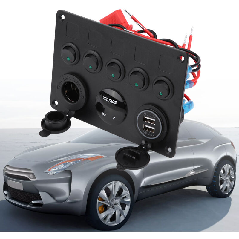 Treetalk - Panneau d'interrupteurs à bascule marche/arrêt 12-24 v 5 gangs double voltmètre usb pour voiture bateau camion marin led verte