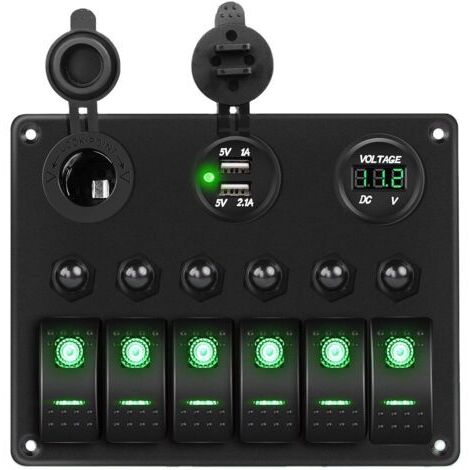 Panneau d'interrupteurs à bascule rétroéclairé vert 12 V/24 V LED, voltmètre numérique, double chargeur USB, prise allume-cigare, protection contre les surcharges, pour voiture, camping-car, bateau