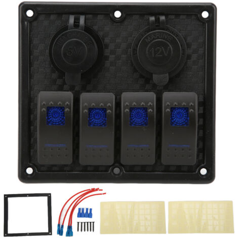 Panneau d'interrupteurs basculants 4 voies étanche avec LED et double port USB - 12‑24V DC 4.8A pour camping-cars et bateaux