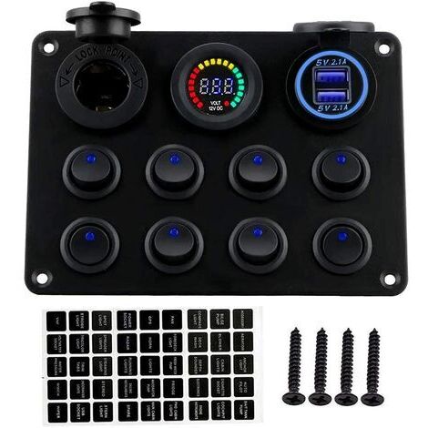 Panneau d'interrupteurs étanche 12 V à 8 interrupteurs à bascule à LED bleues, avec double chargeur USB , pour bateau, voiture, camping-car