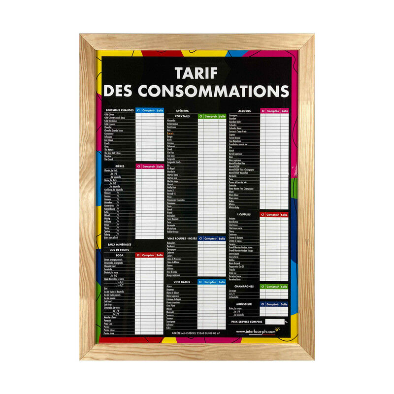 Panneau Tarif Consommations A1 - Adhésif Effaçable Pour Café, Bar, Restaurant - 84x59 Cm