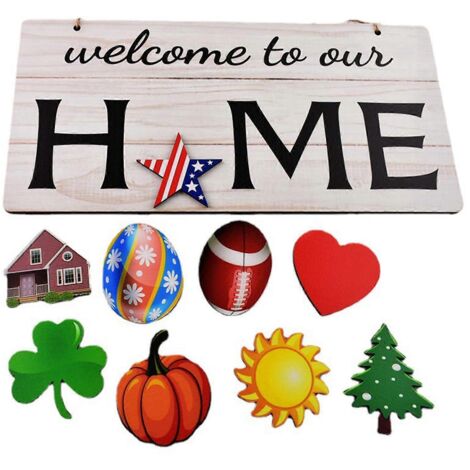 Panneau en bois « Bienvenue chez nous » avec 9 décorations interchangeables à suspendre pour Pâques, la maison, les fêtes, la porte d'entrée ou comme cadeau.