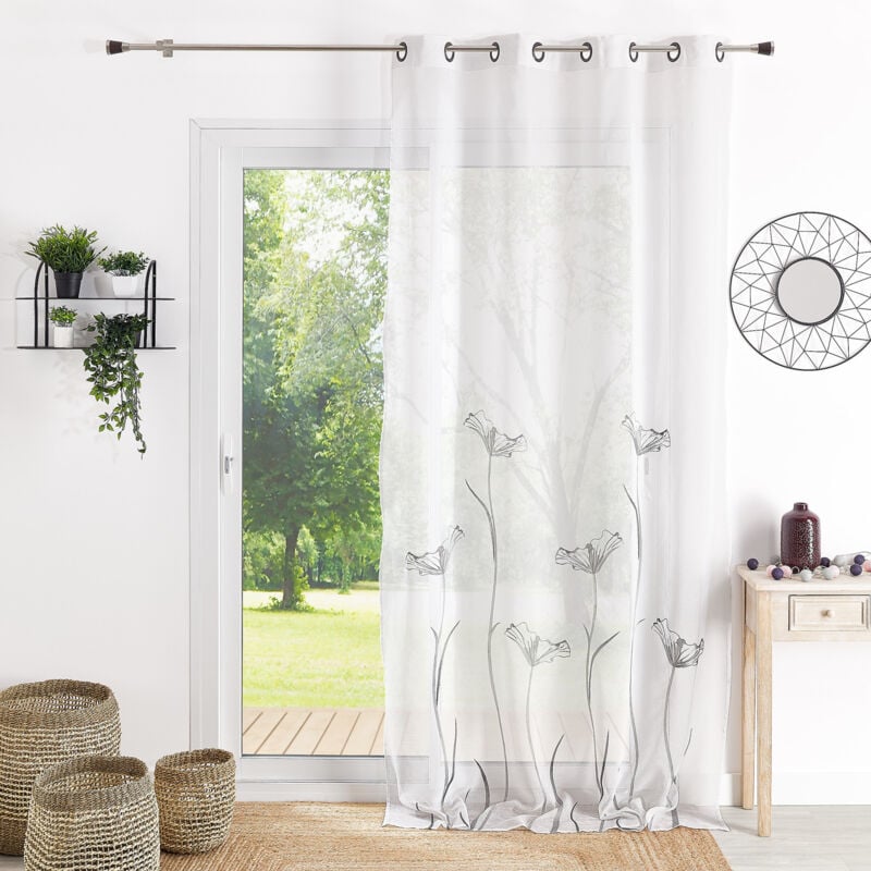 Voilage en Etamine bordé 'Fleurs' Blanc 140x260 cm