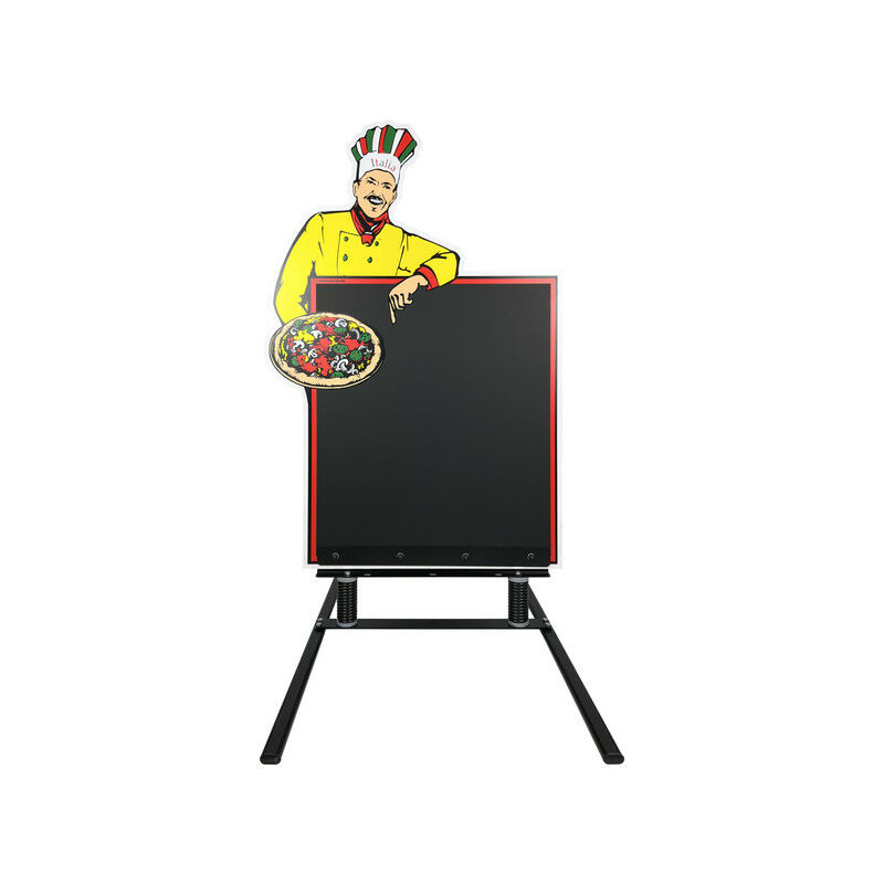 Panneau figurine 'pizza' avec ardoise double face sur piètement ressorts