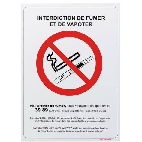 Panneau interdiction de fumer et de vapoter Novap - 210 x 297 mm