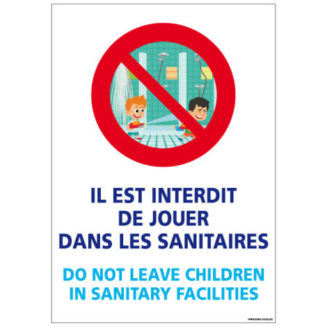 PANNEAU INTERDICTION DE JOUER DANS LES SANITAIRES (H0305) - Adhésif - 150 x 210 mm
