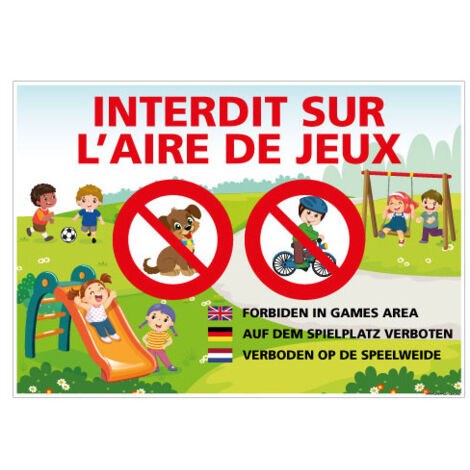 PANNEAU INTERDIT SUR L'AIRE DE JEUX - FRANCAIS ET AUTRES LANGUES (H0446) - Aluminium 2 mm - 210 x 150 mm